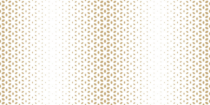 Golden vector halftone texture with floral silhouettes, leaves, petals, diamonds. Gold and white seamless pattern with gradient transition effect. Modern abstract half-tone background. Repeated design