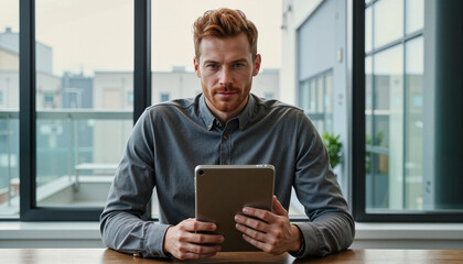 Fototapeta premium Confident Irish man using tablet in modern office, digital engagement