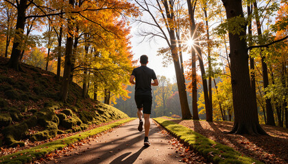 Fototapeta premium Handsome man jogging through autumn forest trail, vitality and nature