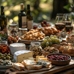 Delicious bastille day picnic feasting in the park with wine, cheese, and grapes
