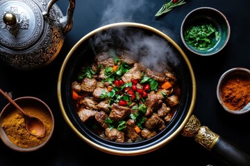 A tantalizing beef stew simmered with aromatic spices and fresh herbs, served in a traditional dish, evoking warmth and comfort through its rich flavors and textures.
