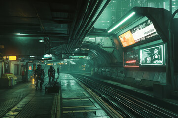 A dystopian cyberpunk subway station, with flickering holographic advertisements and robotic guards patrolling the platforms.