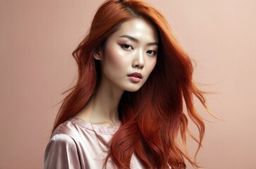 Fototapeta premium Beautiful confident photo model showcases vibrant makeup against a pastel color background in a studio setting, people and skincare, fashion theme concept. 
