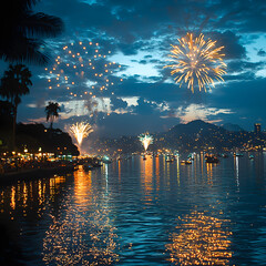 Fireworks exploding over acapulco bay at night