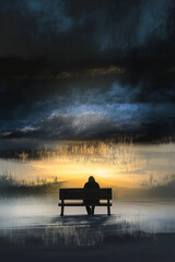 A peaceful digital painting of a dark sky slowly transitioning to dawn, with soft light spilling over a person sitting on a bench, symbolizing hope and healing through grief.