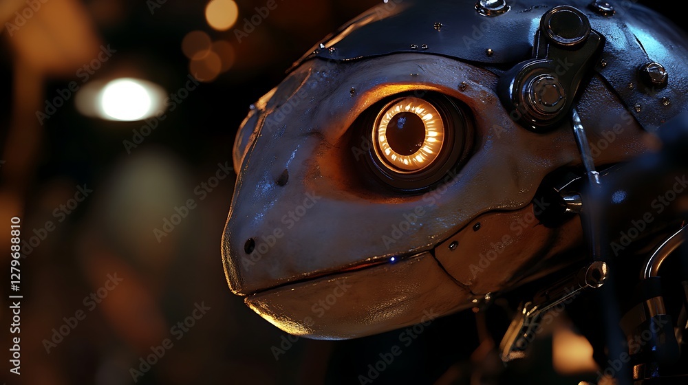 Poster close-up of a futuristic robotic lizard head with metallic textures and glowing eye detail in a dark