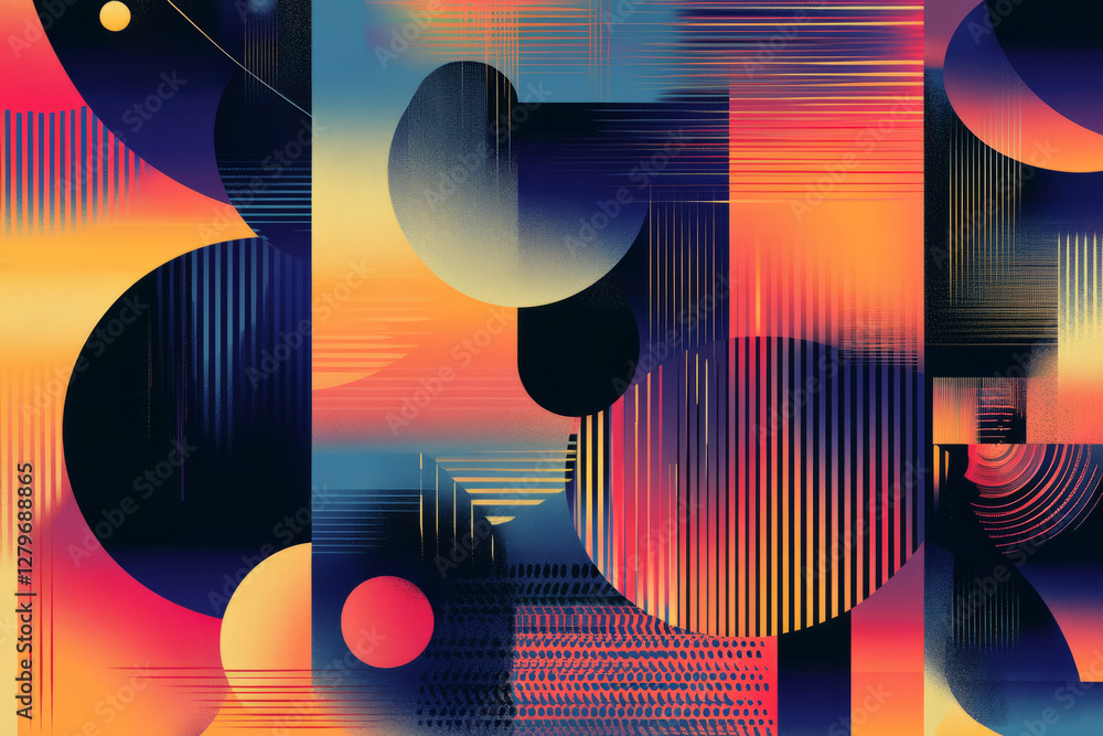 Poster a series of overlapping geometric shapes, each filled with bold patterns and gradient colors, creati