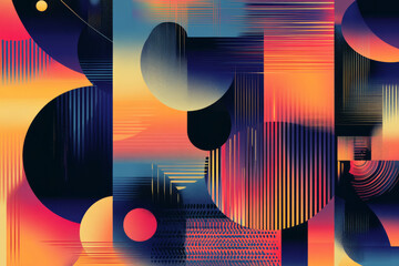 A series of overlapping geometric shapes, each filled with bold patterns and gradient colors, creating a vibrant and dynamic composition.