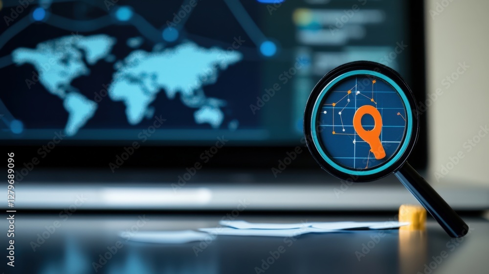 Poster data exploration action with magnifying glass office environment digital interface analytical perspe