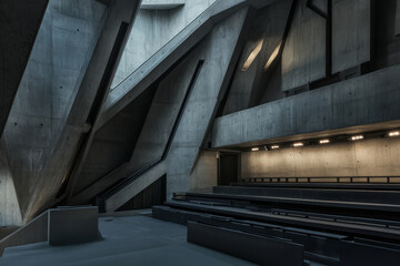 A brutalist inspired music stage with angular, raw concrete structures, dramatic lighting, and a minimalist industrial aesthetic.