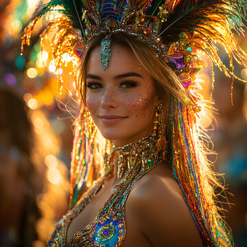 Brazilian samba dancer smiling during rio carnival parade