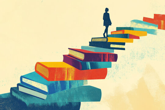 A thoughtful illustration of a person walking up an abstract staircase made of books, each step symbolizing progress, learning, and overcoming challenges in life.