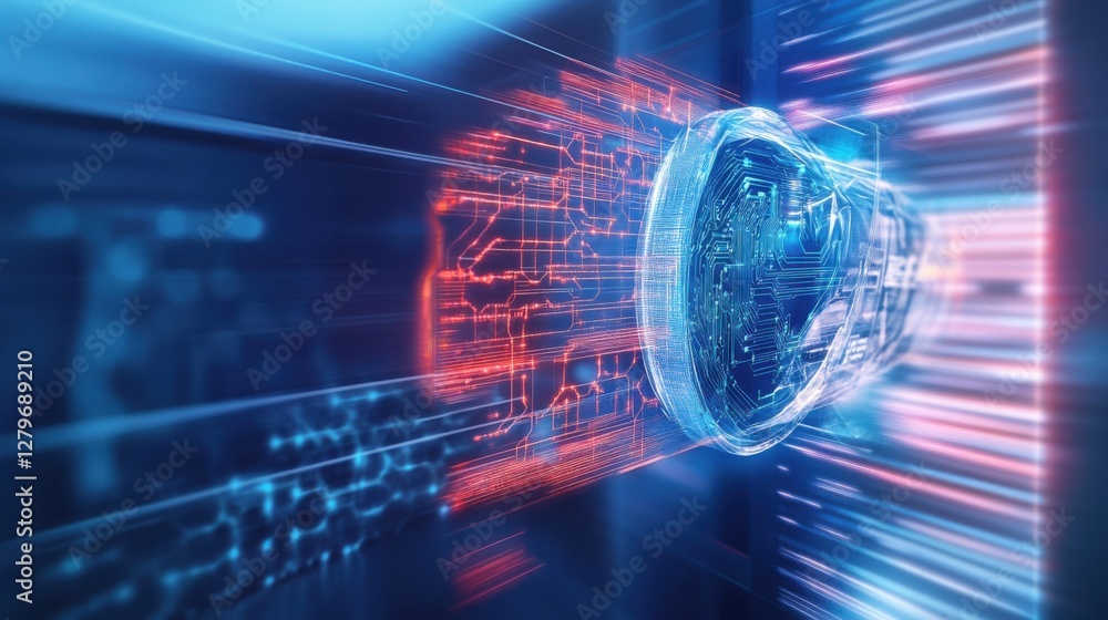 Poster exploring cybersecurity advances in technology data centers digital art futuristic abstract viewpoin