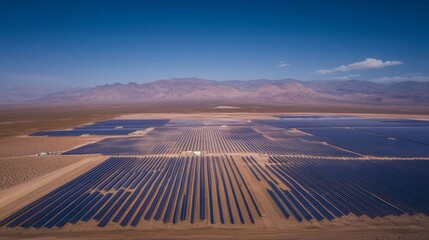 Aerial view of large solar panel farm in desert landscape. Possible use Stock photo for renewable energy, sustainable practices, or alternative energy