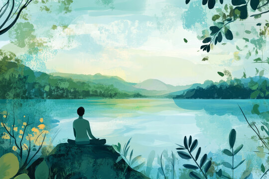 An illustration of a calm and peaceful figure meditating in front of a beautiful lake, surrounded by nature. Soft hues of blues and greens help evoke tranquility, symbolizing mental clarity and inner