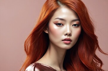 Fototapeta premium Beautiful confident photo model showcases vibrant makeup against a pastel color background in a studio setting, people and skincare, fashion theme concept. 