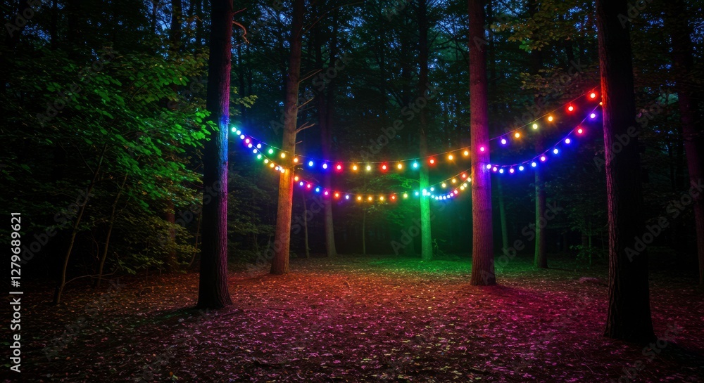 Poster enchanted forest: illuminated by vibrant string lights, a mystical forest at night, capturing the pl
