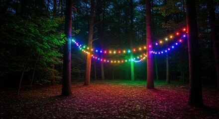 Enchanted Forest: Illuminated by vibrant string lights, a mystical forest at night, capturing the playful use of light and shadow, creating a magical and inviting atmosphere.