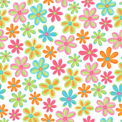 Fototapeta premium Colorful Spring Flowers Vector Seamless Pattern with Hand-Drawn Florals In Pink, Blue, Green, and Orange on a White Background. Design for Kids Wallpaper and Textile Designs