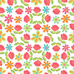 Colorful Floral Ornamental Vector Seamless Pattern Design with Abstract Flowers and Leaves on a White Background, Cute Design for Kids Wallpaper and Textile Designs