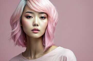 Fototapeta premium Beautiful confident photo model showcases vibrant makeup against a pastel color background in a studio setting, people and skincare, fashion theme concept. 