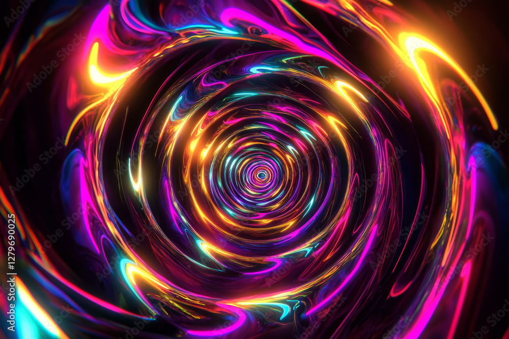 Poster a mesmerizing fractal pattern of glowing neon spirals, forming an infinite vortex of color and movem