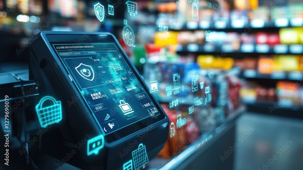 Poster futuristic point of sale system displaying cyber security interface with data and icons, ensuring se