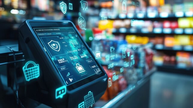Futuristic point of sale system displaying cyber security interface with data and icons, ensuring secure transactions in a retail environment with shelves full of products