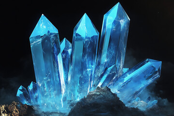 A cluster of large, blue crystals emerging from a rocky base, glowing in a dark environment.