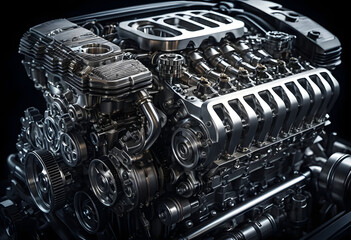 Fototapeta premium A close-up view of a high-performance car engine with intricate mechanical details, illuminated by dramatic lighting.