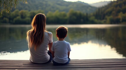 Fototapeta premium Mother and son enjoy peaceful moment by the lake during golden hour near the mountains