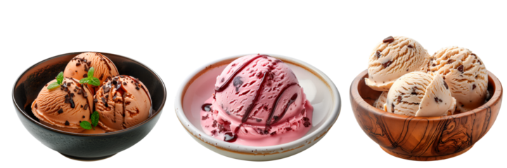 Assorted scoops of fruit-flavored ice cream in ceramic bowls, garnished with fresh berries and mint isolated on a transparent background. Mixed berry, vanilla, and chocolate gelato.