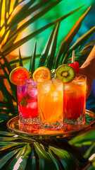 Fototapeta premium Bright refreshing tropical cocktails served on a golden tray. Summer vibes and vibrant colors. 