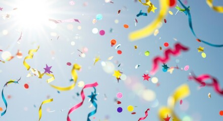 Festive Confetti Shower: A vibrant confetti shower fills the sky with colorful streamers and glittering shapes, celebrating a special moment with a burst of joy and excitement.