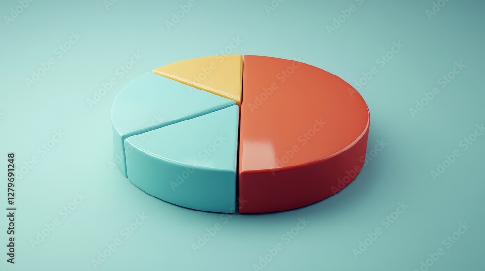 Poster colorful pie chart model on a smooth turquoise background, representing data visualization concepts