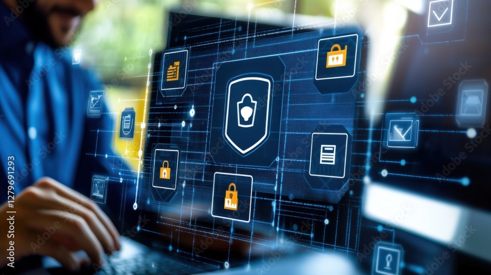 Poster enhancing cybersecurity measures office environment digital imagery tech overview close-up view data