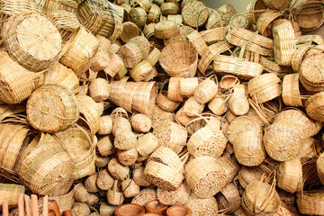 Handcrafted baskets made from palm fiber, for sale at a craft bazaar in the central market in the city of Teresina, Piauí, northeast Brazil