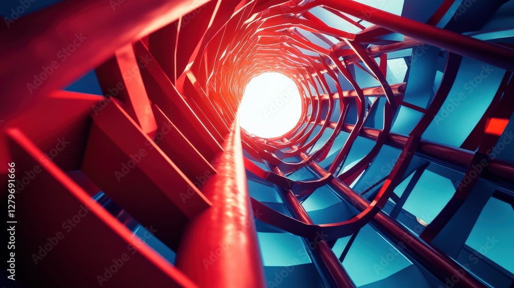 Poster abstract view of a vibrant spiral structure illuminated from the center, showcasing dynamic shapes