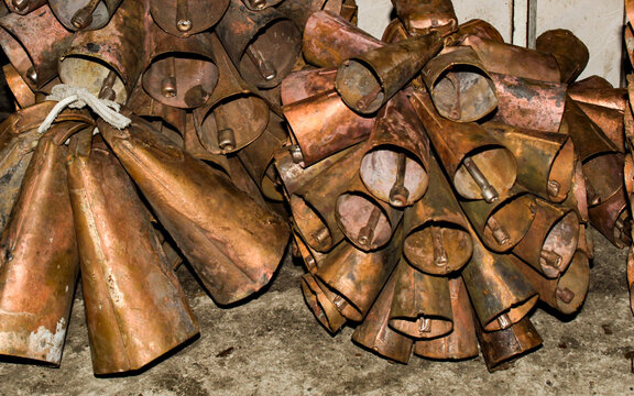 Sincerros or: ox bells, campana, cincerro, cencerro, Choca, mug, rattle, an instrument that is fixed to the neck of cattle, for sale in the central market of the city of Teresina Piau&iacute;, Brazil