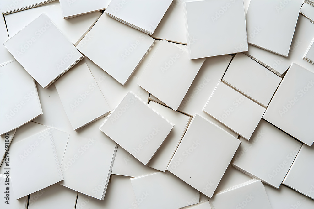Poster a minimal and clean background featuring a multitude of blank white cards scattered, suitable for va