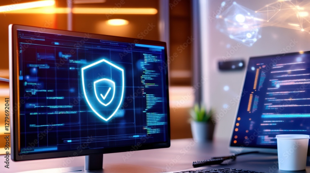 Poster cybersecurity in action protecting data from threats in a modern workspace digital environment profe
