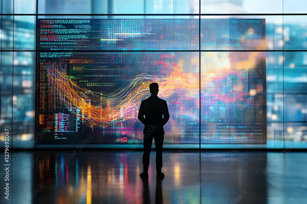 Poster a visionary leader contemplating complex data analytics on a large screen, strategizing for future b