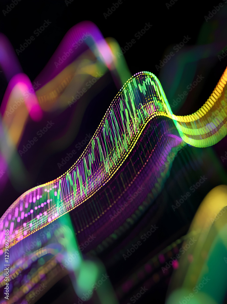 Poster abstract depiction of sound waves or digital signals, showcasing vibrant colors and dynamic forms re