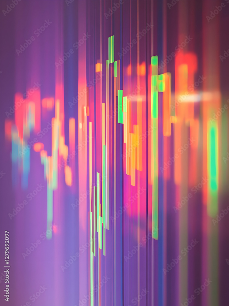 Poster abstract finance data visualization with glowing bars and lines on purple background, representing m