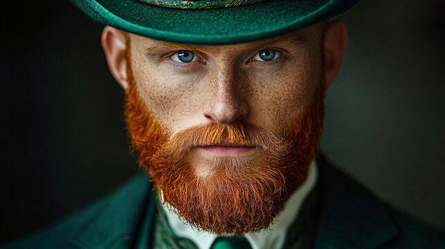 Elegant portrait of a man with a bushy ginger beard in a St. Patrick's Day-themed outfit, ideal for promotional materials, events, or social media content.