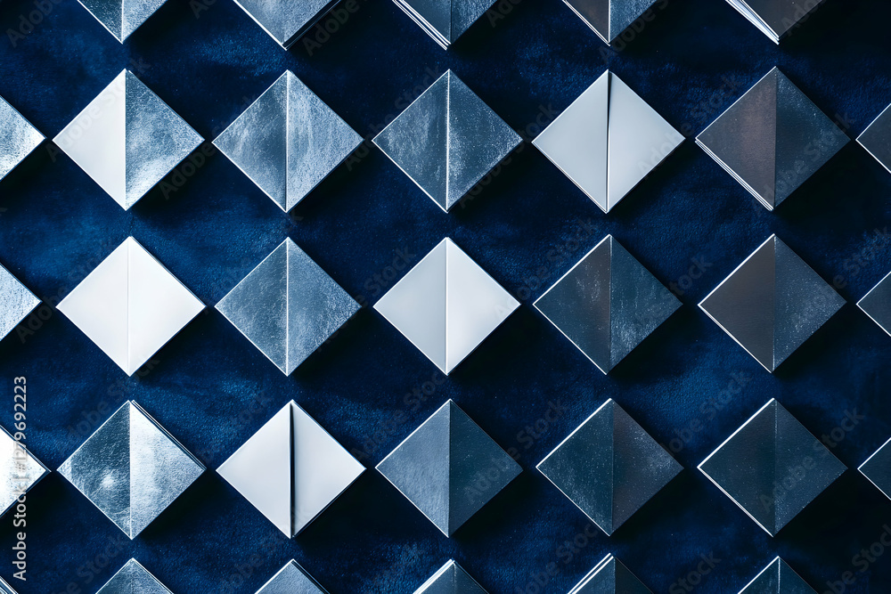 Poster abstract geometric pattern with silver squares on deep blue velvet, capturing light and shadow in a 