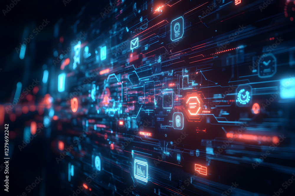 Poster abstract technology background with glowing circuit board and futuristic elements, highlighting digi