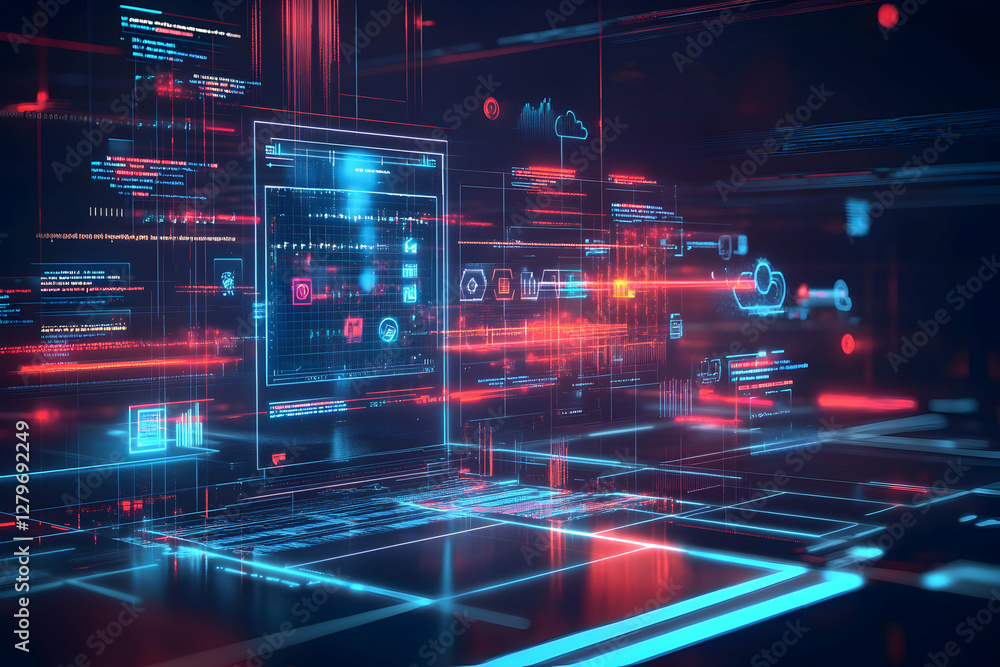 Poster abstract technological landscape with glowing lines, data streams, and intricate network visualizati