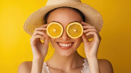 Bright summer day with woman and lemon slices