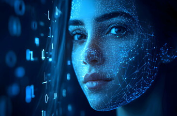 Abstract representation of digital identity and artificial intelligence convergence, highlighting futuristic network connections and human-machine interface integration